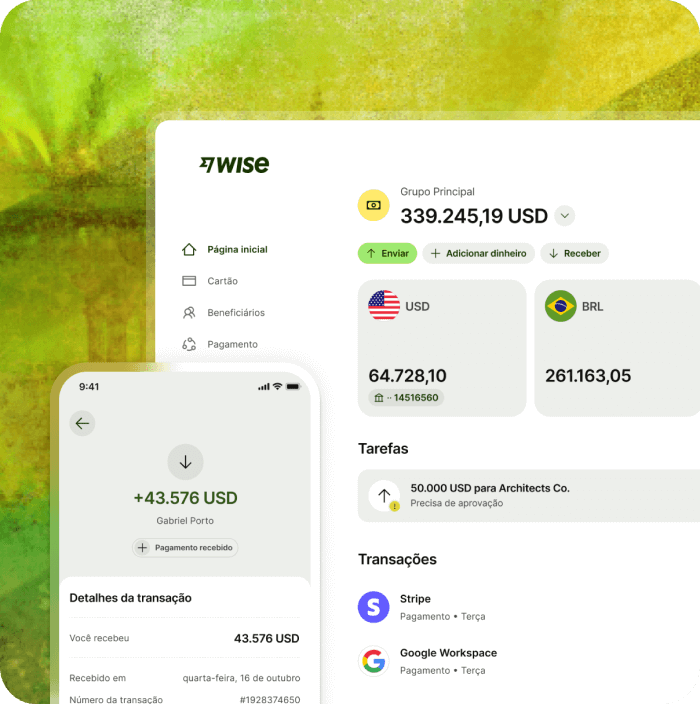 Um telefone e computador mostram uma conta empresarial da Wise com um valor total de 339.245,19 USD. O dinheiro está sendo mantido em USD e BRL. Uma transferência de 50.000 USD exige aprovação. As transações recentes listadas destinam-se à Stripe e ao Google Workspace.