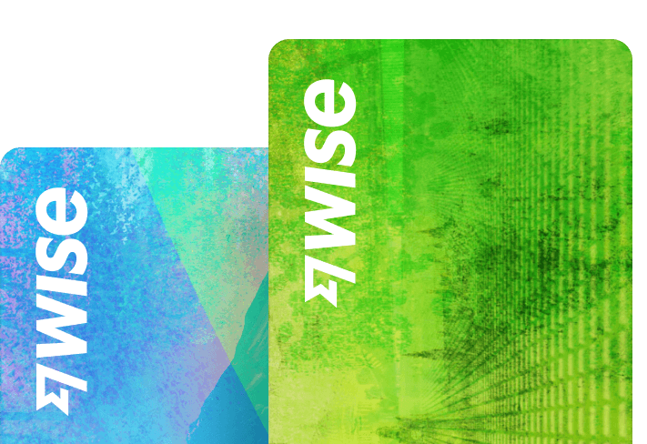 Two overlapping digital cards from Wise, with one card in blue and the other in green. Each card features the Wise logo in white text, positioned vertically.