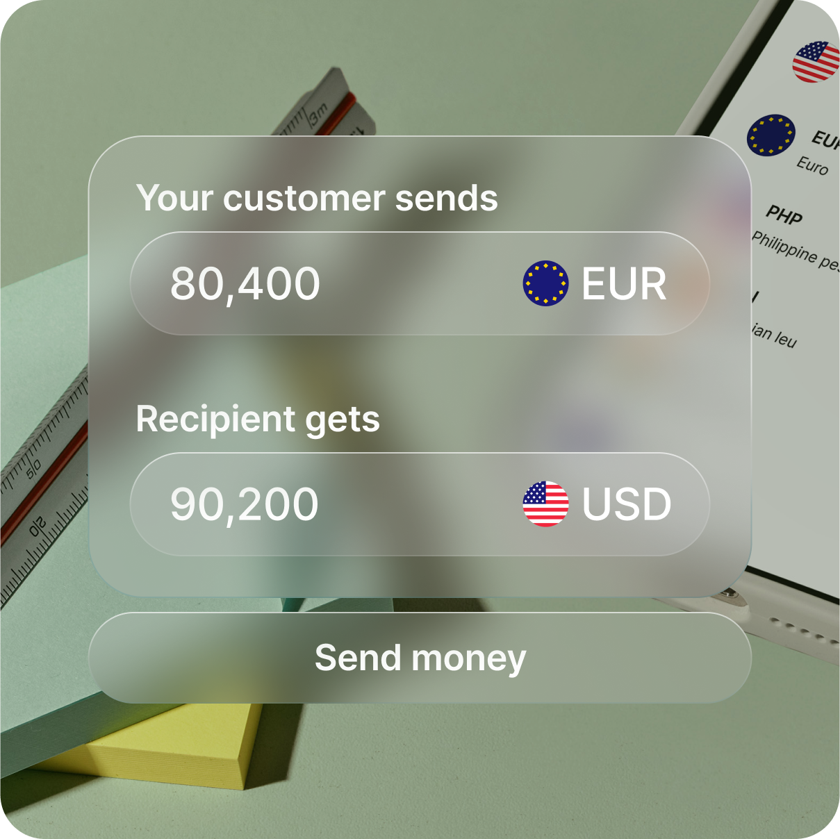 A translucent interface displays an EUR to USD currency conversion, overlaid on a desk with office supplies.