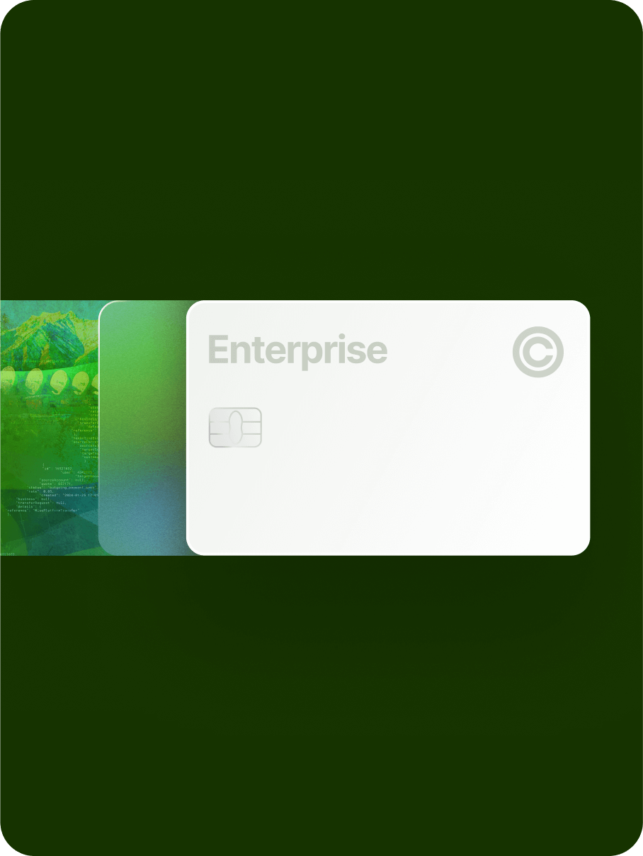 A white, generic "Enterprise" debit card partially overlays a translucent card and a textured green card.