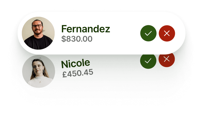 There are two head shots of good looking employees with numbers representing payments underneath them. One is a man named Fernandez with a payment of eight hundred and thirty dollars. The other employee is Nicole with a payment of four hundred and fifty pounds and fifty five pence.