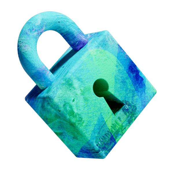 3D padlock with a blue and green textured design and a keyhole in the center.